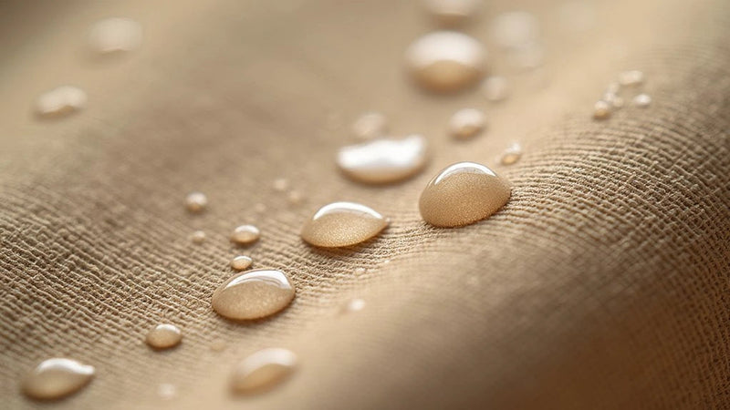Close-up of water droplets on canvas fabric, discussing if canvas waterproof properties are effective.