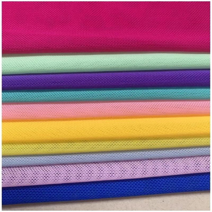 Longan Craft’s Stretch Mesh Fabric By The Yard features high-elastic spandex mesh in pink, green, purple, blue, yellow, and white—breathable and perfect for stockings or creative fashion projects.
