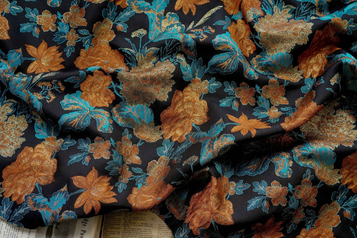 Red Flower Embroidered Brocade Fabric By the Yard|Golden Black Jacquard Brocade Fabric|Luxury Brocade Material for Formal Dress and Apparel