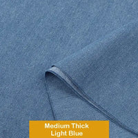 A close-up of medium thick, light blue Cotton Denim Fabric By the Yard from Longan Craft shows a visible weave and folded edge, with a "Medium Thick Light Blue" label—ideal for dressmaking and jeans projects.