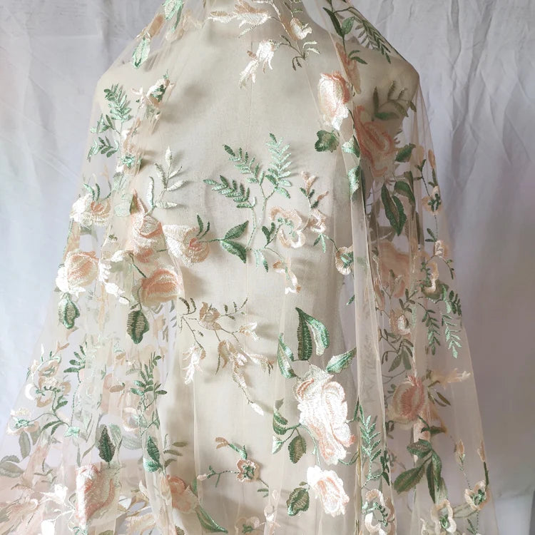 Floral Embroidered Tulle Fabric By The Yard for Bridal Dress