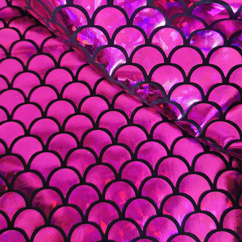 Longan Craft’s Stretch Mermaid Fabric by the Yard features a multicolor scale pattern and holographic shine, with stretchy material perfect for costumes or crafts.