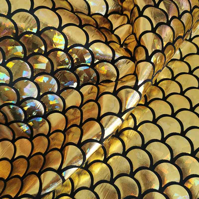 Stretch Mermaid Fabric by the Yard from Longan Craft features multicolor laser fish scale patterns and iridescent shine on stretchy material, perfect for eye-catching mermaid-inspired projects.