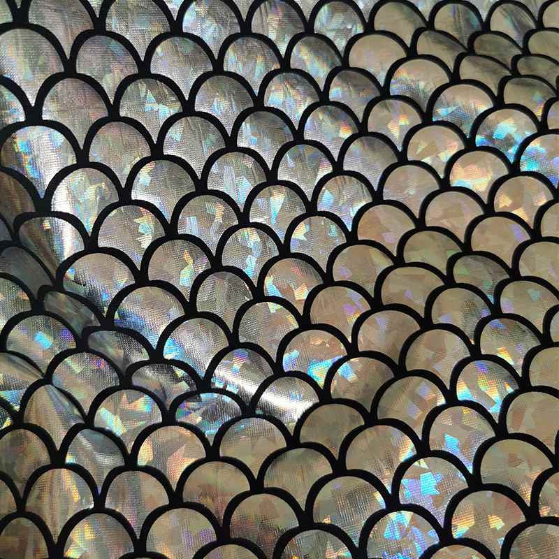 Longan Craft's Stretch Mermaid Fabric by the Yard features a shiny, iridescent multicolor scale pattern, resembling mermaid or fish scales, on stretchy laser material—perfect for costumes and crafts.