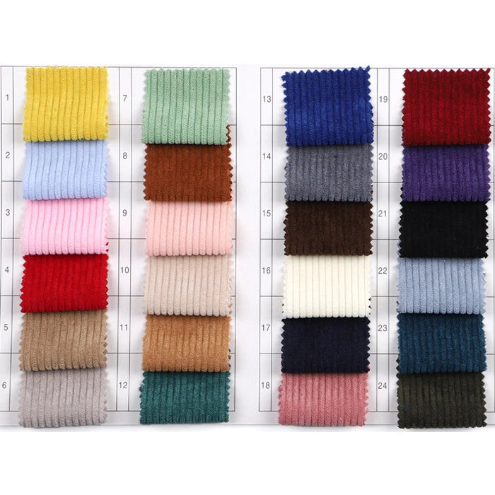 Three columns of Thick 8 Wale Corduroy Fabric by Longan Craft in various colors are displayed on a numbered grid, showcasing the soft upholstery corduroy fabric for comparison.