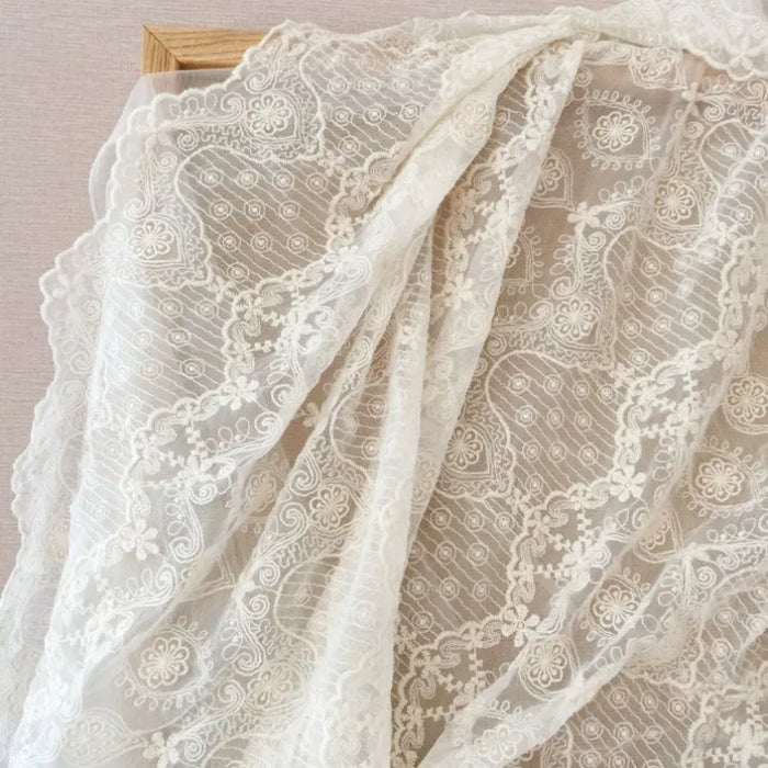 White Floral Embroidered Lace Fabric By The Yard