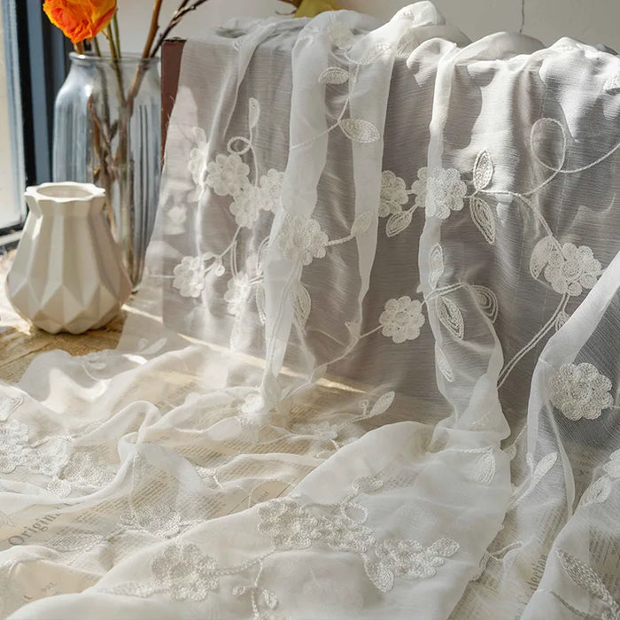 White Flowers Chiffon Fabric By the Yard