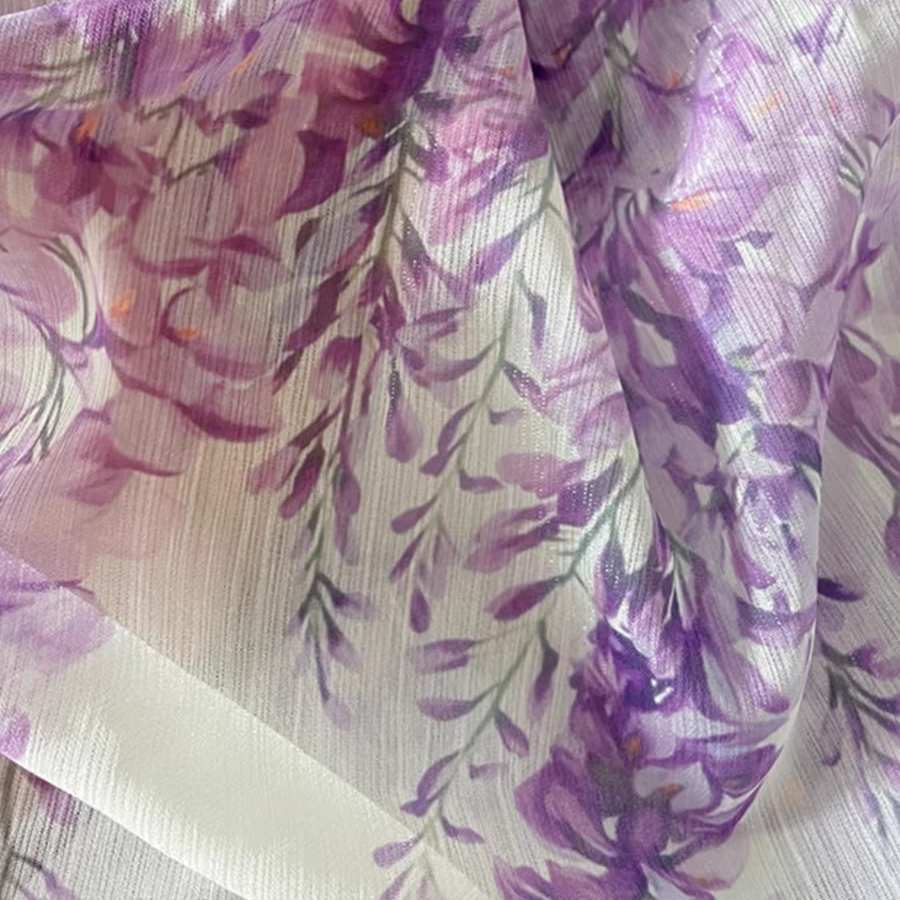Printed Wisteria Flower Chiffon Fabric By The Yard | Purple Sheer Floral Dresses Fabric
