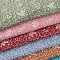 Five stacked Longon Craft Floral Flannel Fabric pieces in green, pink, red, blue, and orange, each with a white floral and bird grid pattern—perfect for dresses, clothes sewing, and crafts.