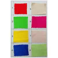 A chart displays eight numbered satin swatches—red, bright green, yellow, blue, beige, pink, pale pink, and light green—arranged in two columns. Choose your shade of Longan Craft's Multicolor Satin Fabric by the Yard for apparel projects.