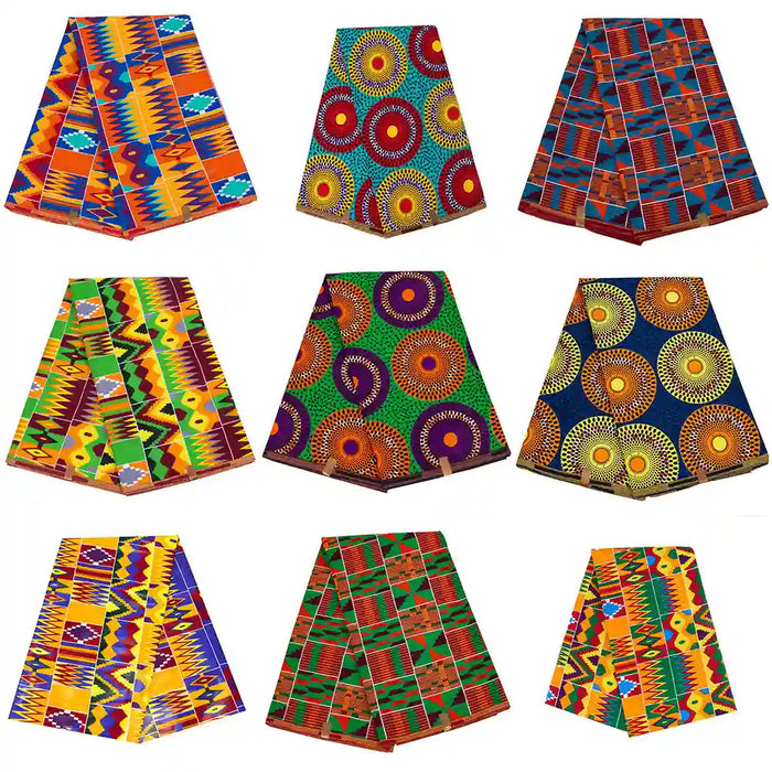 Nine pieces of Longan Craft 100% Cotton Wax Printed Ankara Fabric by the yard, featuring vibrant Kente patterns in red, yellow, green, blue, orange, and purple, displayed on a white background—ideal for stage costumes.