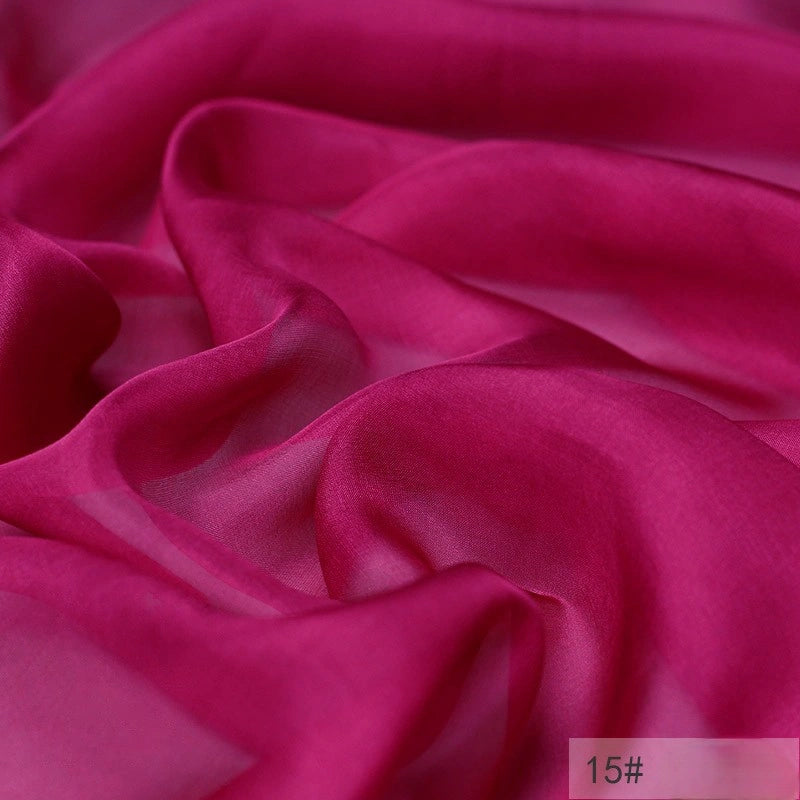 Longan Craft 100 Mulberry Silk Chiffon Fabric by the Yard, sheer magenta and lightweight for dresses, features soft, flowing folds and a smooth texture. The number 15# is shown in a small box at the bottom right corner.