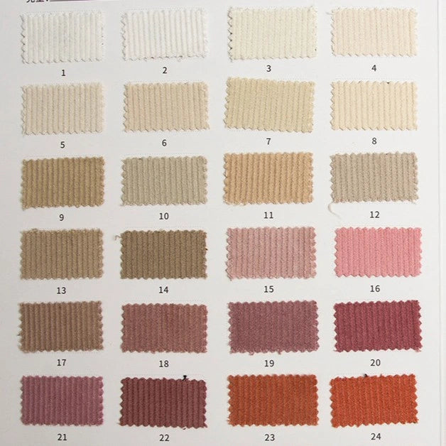 The Longan Craft 11 Wales Cotton Corduroy swatch card features 24 numbered samples of solid, thick premium corduroy fabric in off-white, beige, pink, mauve, red, and orange shades—ideal for apparel and available by the yard.