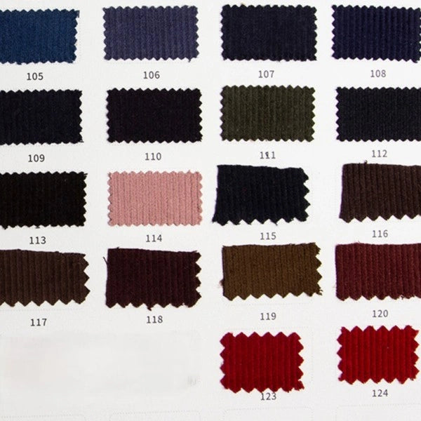 A Longan Craft fabric swatch chart displays 19 numbered samples of 11 Wales Cotton Corduroy Fabric in assorted solid colors; one cotton corduroy swatch is missing, leaving a blank spot.