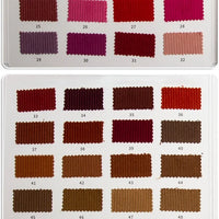 A color chart displays two rows of Longan Craft’s 11 Wales Cotton Corduroy Fabric swatches—red, purple, pink, and brown shades—numbered 26–48. Each solid, thick corduroy textured sample is ideal for apparel comparison.