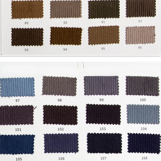 Two rows of brown and beige 11 Wales Cotton Corduroy Fabric by Longan Craft are shown above two rows of dark blue, grey, and navy swatches. Each thick cotton corduroy piece is labeled 89–108 on a white background.