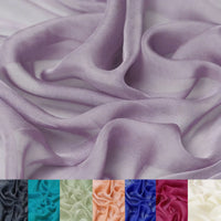 100 Mulberry Silk Chiffon Fabric by the Yard from Longan Craft is sheer, lightweight, and shown in soft lavender, with swatches for black, teal, aqua, cream, peach, gold, pink, and burgundy—ideal for dresses.