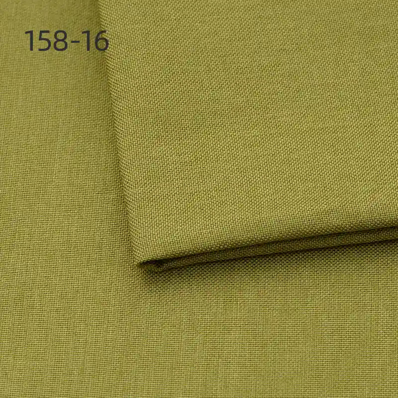 A close-up of Longan Craft's light olive green Faux Linen Upholstery Fabric By The Yard, neatly folded to show its weave texture. "158-16" appears in the top left corner. Ideal polyester fabric for furniture, chairs, sofas, and curtains.