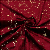 Indulge in the luxurious charm of Longan Craft’s Star Crushed Velvet Fabric by the Yard, featuring a rich red velveteen adorned with shimmering gold star and dot patterns. Slight gathers at the center create soft, elegant folds, enhancing its celestial allure—perfect for DIY sewing projects, party dresses, or sophisticated upholstery.