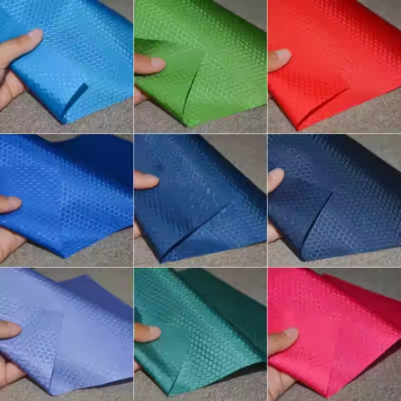 A collage of nine images shows hands holding colorful 210D Honeycomb Pattern Oxford Fabric by Longan Craft, featuring a subtle geometric design. This waterproof, PU coated material is ideal for outdoor gear and sold by the yard.