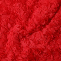 Close-up of Longan Craft's 3D Blossom Roses Embroidered Tulle Fabric, featuring multicolor floral embroidery and textured, rosette-like ruffles for a three-dimensional effect—ideal for evening, prom, or wedding dresses.
