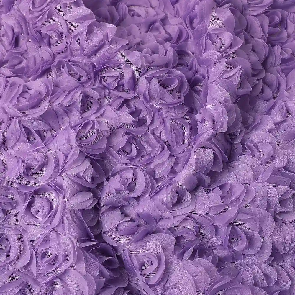 Close-up of Longan Craft’s 3D Blossom Roses Embroidered Tulle Fabric—multicolor floral embroidery with rose-shaped ruffles, perfect for elegant evening, prom, or wedding dress designs. Available by the yard.