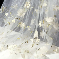 A close-up of Longan Craft’s 3D Floral Embroidered Tulle Fabric By The Yard, a colorful tulle material with botanical embroidery, perfect for bridal gowns or special occasion dresses, adding elegance and vibrancy.