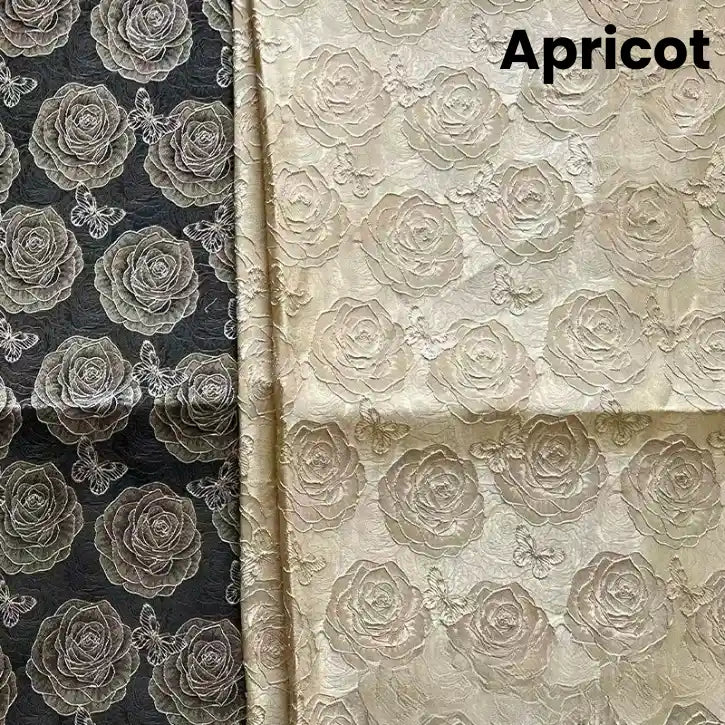 Two pieces of 3D Rose Butterfly Brocade by Longan Craft: the left is dark with light rose outlines; the right, labeled Apricot, is a lighter shade featuring a subtle matching floral jacquard—ideal for dresses.