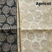 Two pieces of 3D Rose Butterfly Brocade by Longan Craft: the left is dark with light rose outlines; the right, labeled Apricot, is a lighter shade featuring a subtle matching floral jacquard—ideal for dresses.