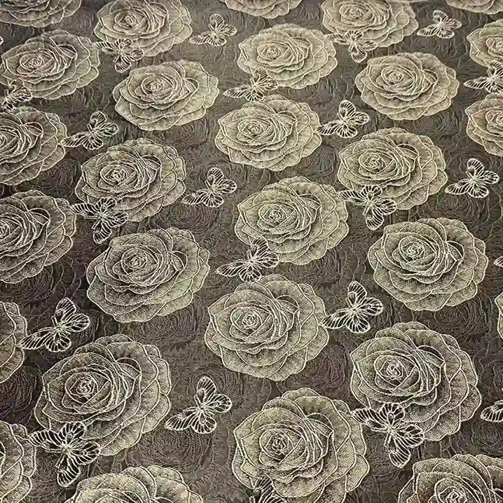 Featuring detailed white roses and butterflies on a dark background, Longan Craft’s 3D Rose Butterfly Brocade Fabric by the Yard is a luxurious floral animal jacquard material, perfect for dresses.