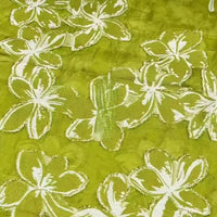 The 3D Floral Patchwork Rayon Fabric by Longan Craft features large white flower patterns on green soft rayon, with intricate stitching for a stunning textured look—ideal for dresses.