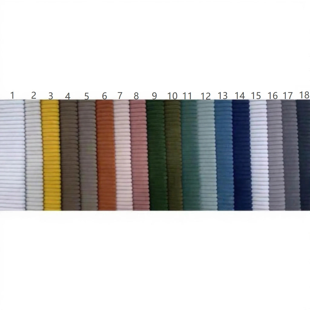 Eighteen spools of thread in assorted colors, perfect for stitching Longan Craft 4.5 Wale Polyester Corduroy Fabric by the yard, are arranged and numbered 1–18, including white, yellow, pink, green, blue, and grays.