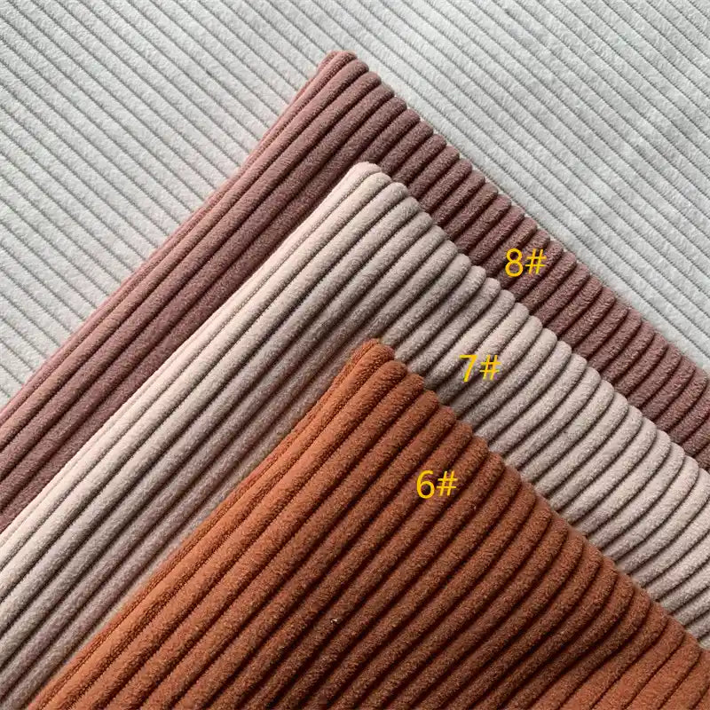 Four solid color 4.5 wale polyester corduroy upholstery swatches from Longan Craft are arranged diagonally. Labeled 6#, 7#, and 8# in yellow text, 6# is rusty orange and 8# is light gray—ideal for pants or decor projects.