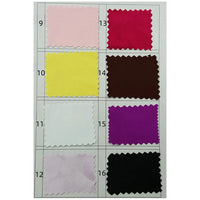 A chart shows eight Multicolor Satin Fabric swatches by Longan Craft in pink, red, yellow, brown, white, purple, lavender, and black (numbers 9–16), perfect silky polyester satin for apparel by the yard.