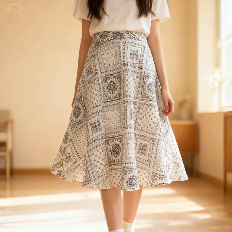 A person wears a white short-sleeve top and a black-and-white patterned skirt made with the Longan Craft Women A-line Midi Skirt Sewing Pattern (Free PDF Skirt Pattern Download), standing indoors on a sunlit wooden floor. Face not visible.