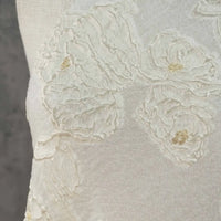 Close-up of Longan Craft’s Apricot Rose Embossed Organza Fabric by the yard, featuring soft, off-white 3D floral jacquard with textured embroidery and subtle gold accents—ideal for summer dresses.