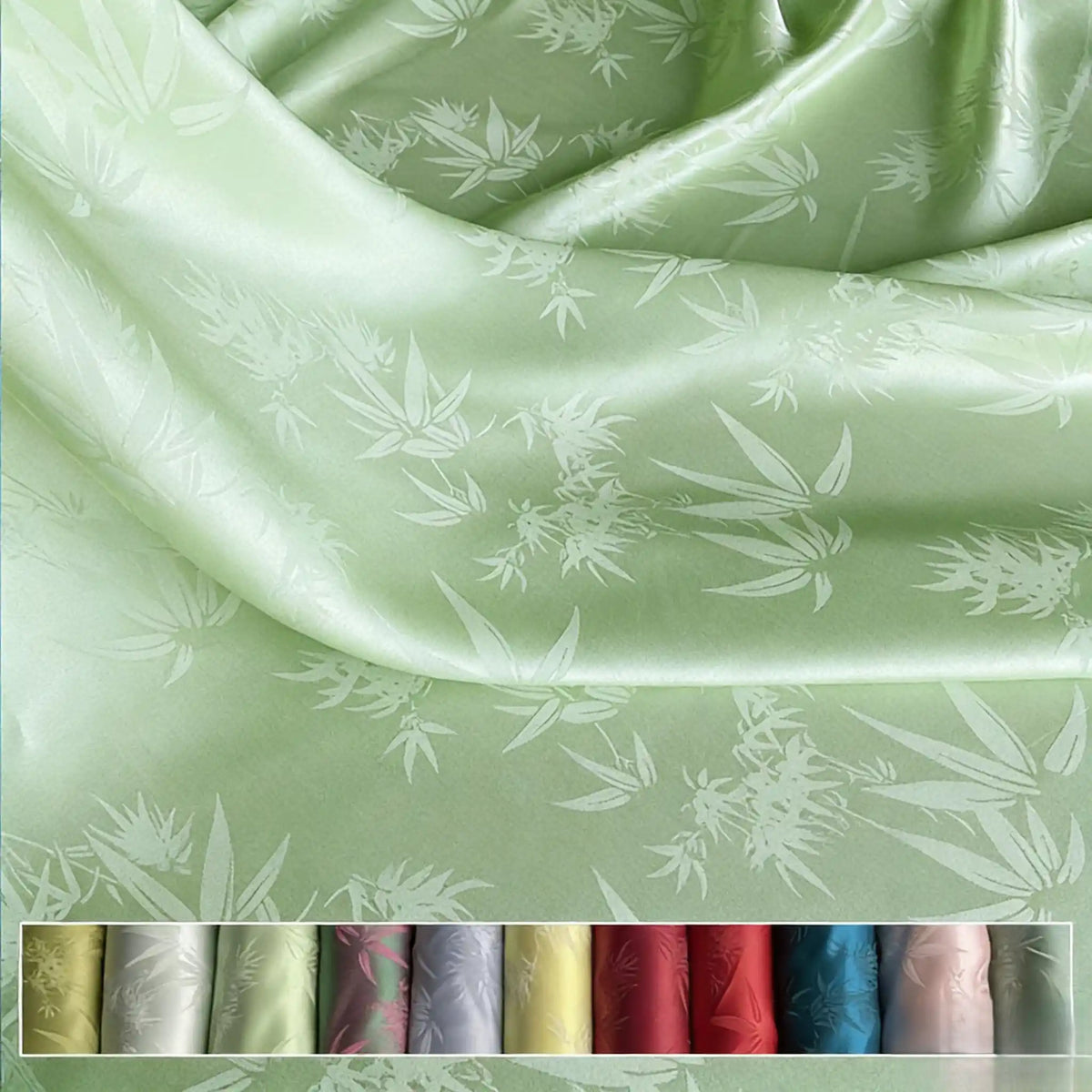 A close-up of Bamboo Jacquard Mulberry Silk Fabric by Longan Craft highlights its subtle pattern in light green, with a row of colorful rayon silk fabric swatches featuring the same elegant design at the bottom.
