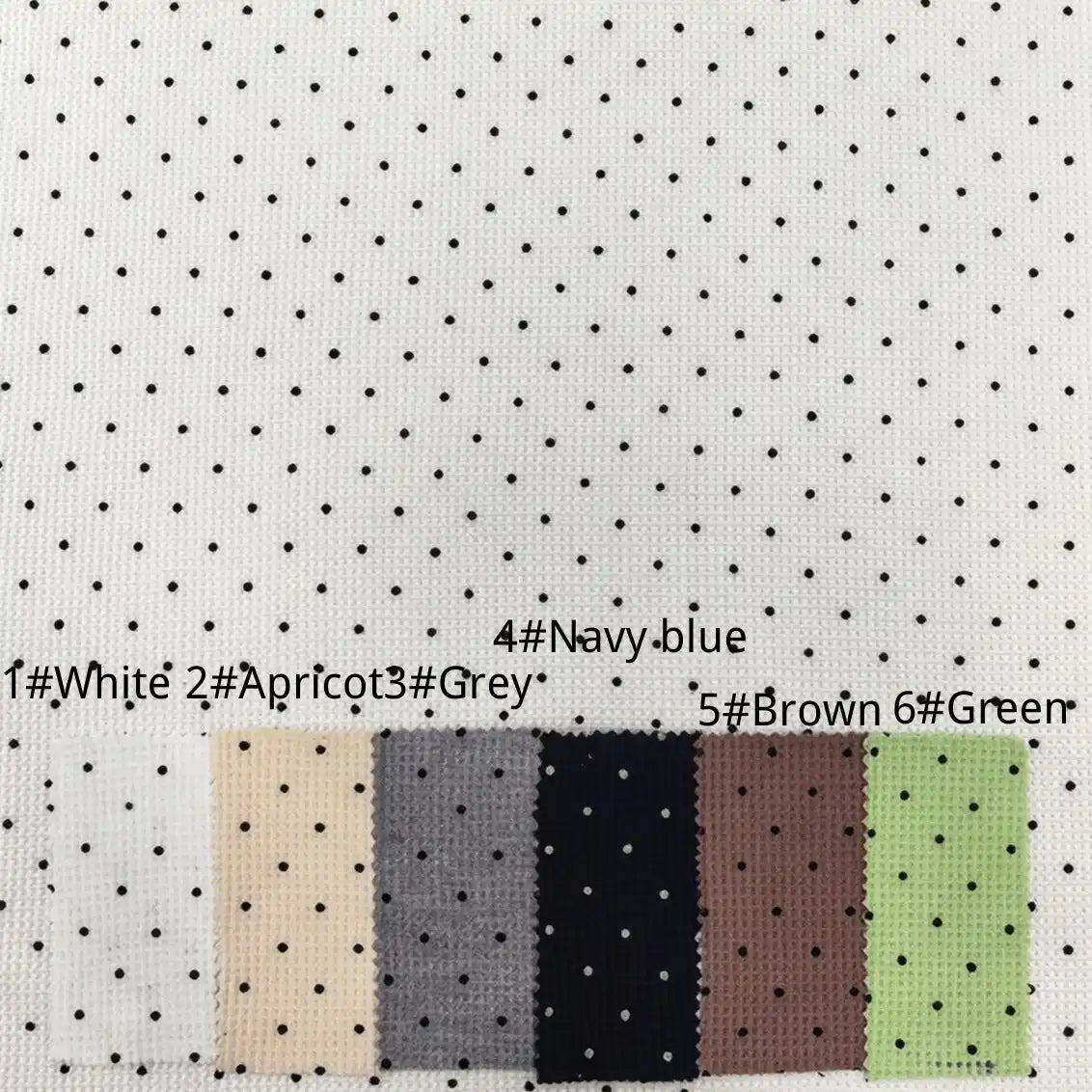 Six color variations of Black Mini Polka Dot Print Waffle Fabric By The Yard, labeled 1 through 6, displaying a textured sewing fabric weave.