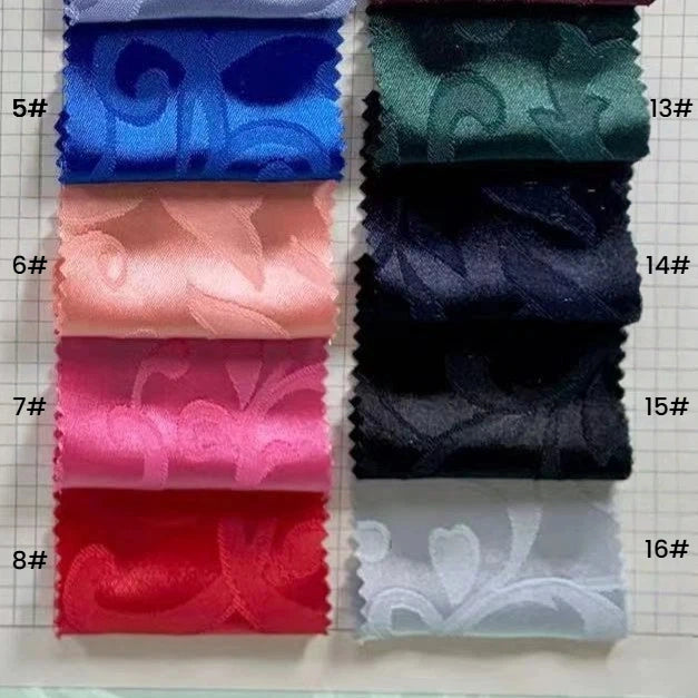 Eight swatches of Longan Craft Brocade Damask Fabric By The Yard, labeled 5#–8# (blue, peach, pink, red) and 13#–16# (dark blue, navy, black, white), are displayed in a grid as part of the vintage jacquard damask collection.
