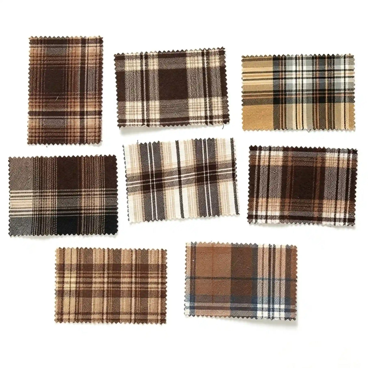 Eight rectangular fabric swatches from Longan Craft’s Brown Plaid Cotton Flannel Fabric by the yard—featuring classic retro plaid patterns in shades of brown, cream, and blue—are arranged on a white background. Each lightweight polyester brushed flannel sample has zigzag-cut edges, ideal for those seeking high-quality fabric for casual pants or other sewing projects.