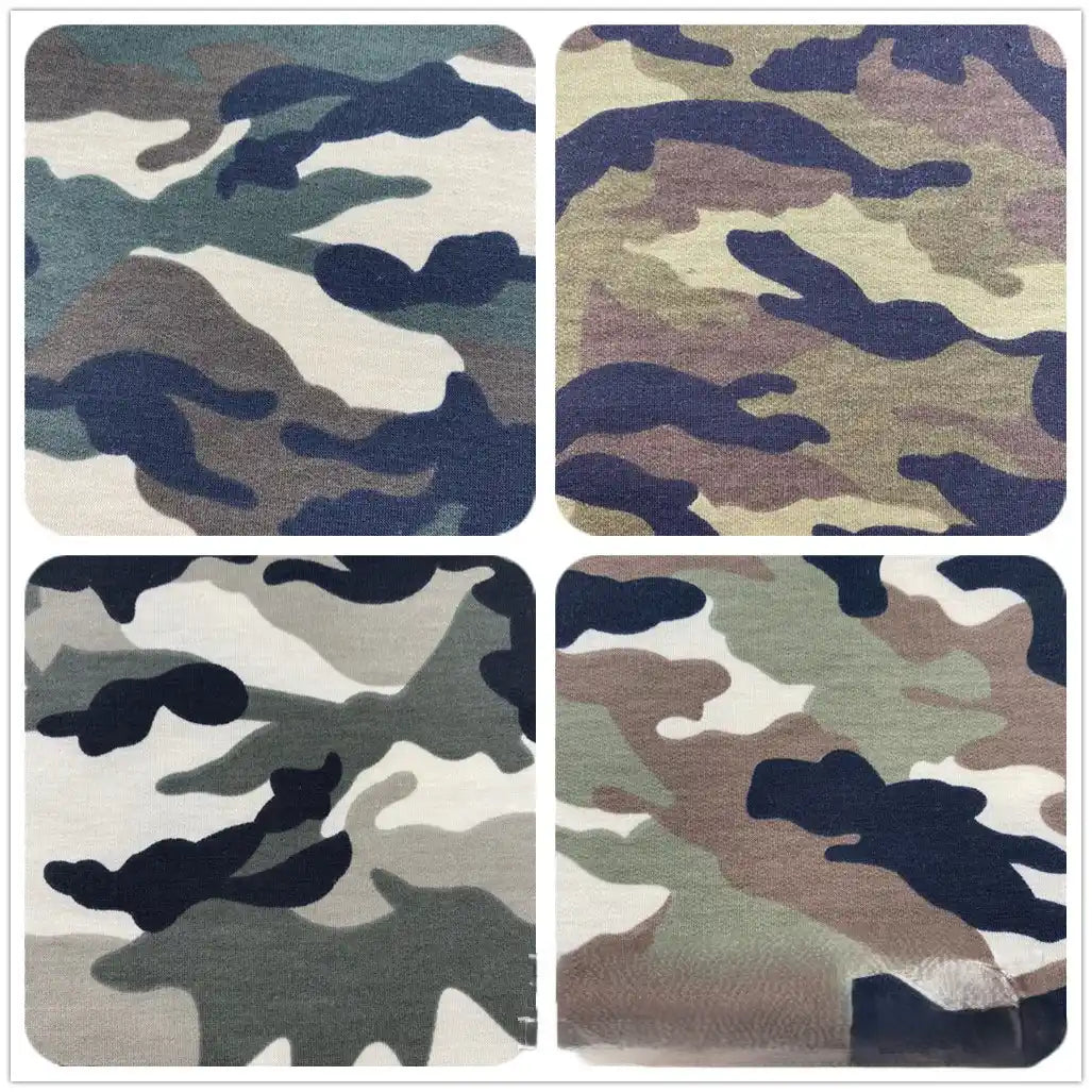 Four square swatches of Longan Craft’s Camo Printed Stretch French Terry Fabric by the yard in green, brown, tan, black, and beige are shown side by side—breathable material ideal for sweatshirts and sports apparel.