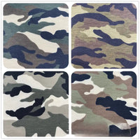 Four square swatches of Longan Craft’s Camo Printed Stretch French Terry Fabric by the yard in green, brown, tan, black, and beige are shown side by side—breathable material ideal for sweatshirts and sports apparel.