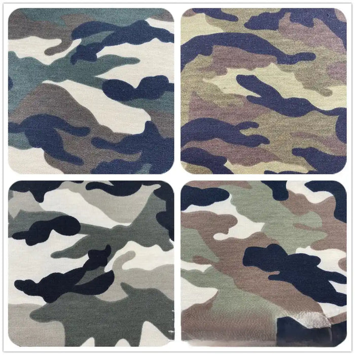 Four square swatches of Longan Craft’s Camo Printed Stretch French Terry Fabric by the yard in green, brown, tan, black, and beige are shown side by side—breathable material ideal for sweatshirts and sports apparel.