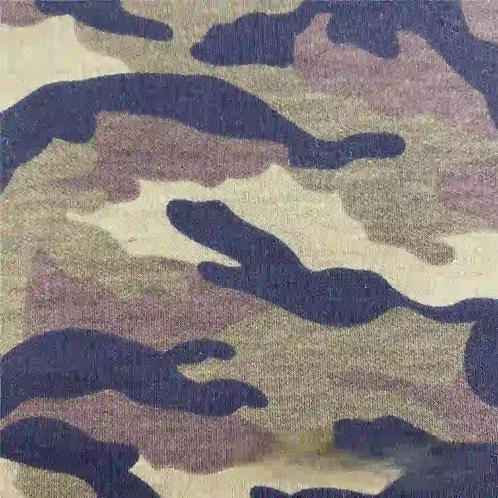 Close-up of Longan Craft’s Camo Printed Stretch French Terry Fabric By The Yard, featuring a classic green, brown, and beige camouflage print—breathable and ideal for sports apparel like sweatshirts.