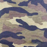Close-up of Longan Craft’s Camo Printed Stretch French Terry Fabric By The Yard, featuring a classic green, brown, and beige camouflage print—breathable and ideal for sports apparel like sweatshirts.