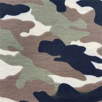 A close-up of Longan Craft's Camo Printed Stretch French Terry Fabric by the yard, featuring irregular camouflage shapes in green, brown, black, and beige—breathable material ideal for sweatshirts and sports apparel.