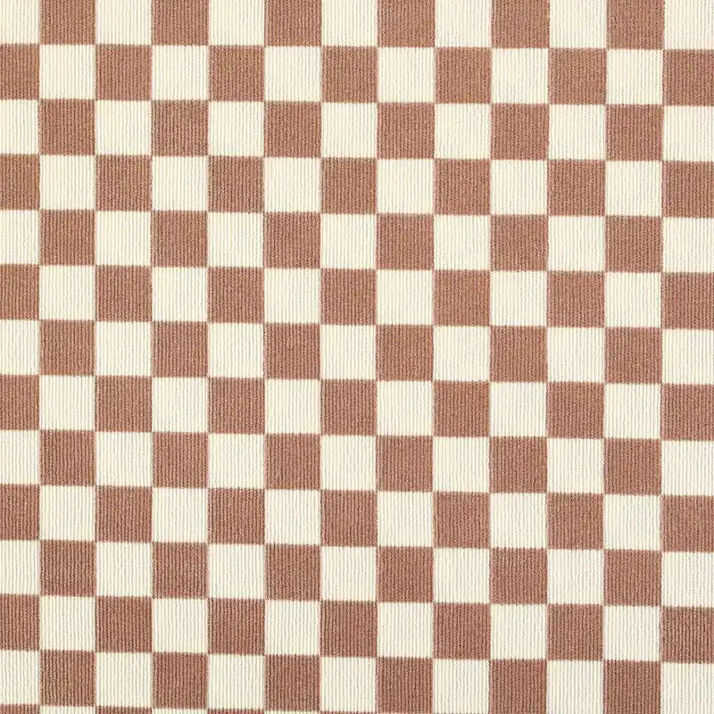 Longan Craft's Checkered Corduroy Fabric By The Yard features a vintage-inspired pattern of equal brown and off-white squares in a regular grid, printed on soft polyester corduroy—ideal for apparel and crafts.