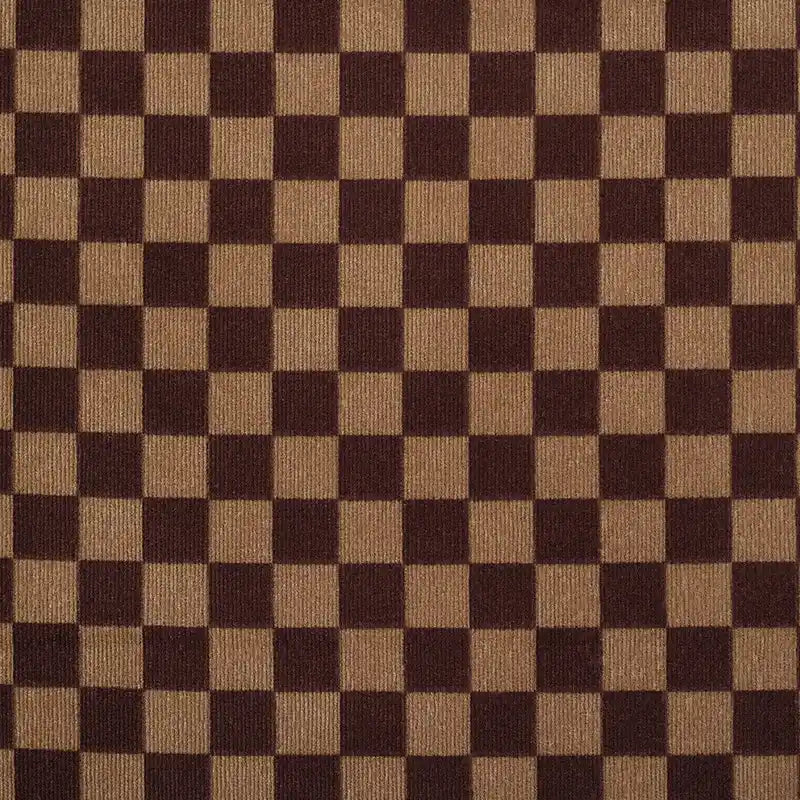 Longan Craft’s Checkered Corduroy Fabric By The Yard features a classic brown and tan checkerboard pattern with alternating squares, made from soft printed polyester corduroy—perfect for apparel.
