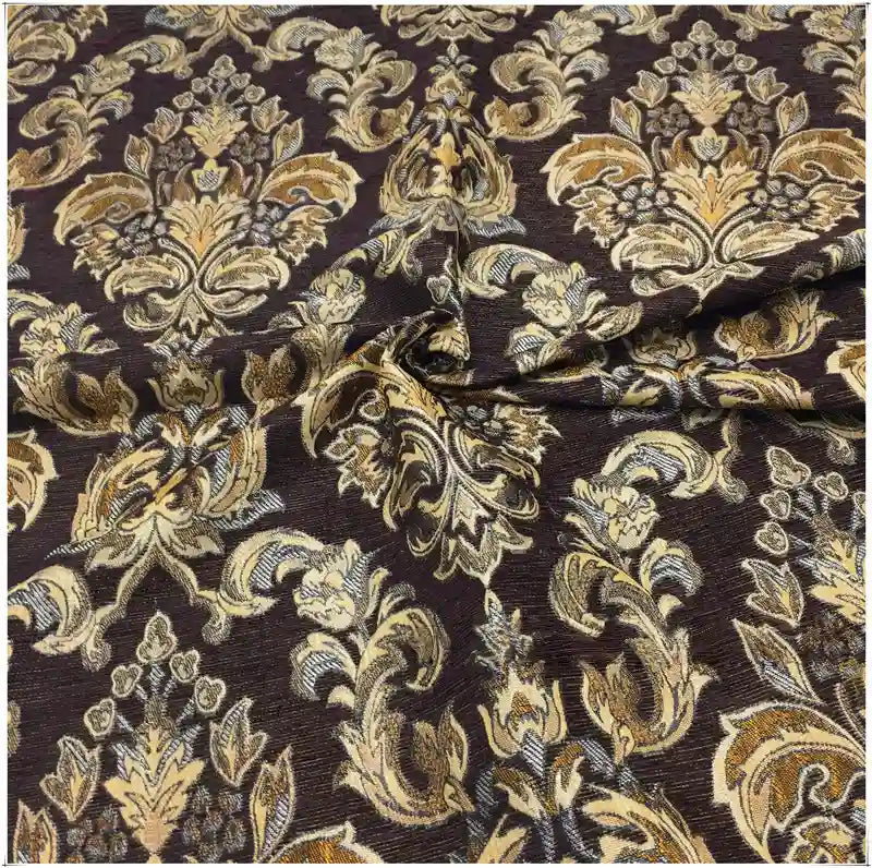 Longan Craft's Chenille Damask Fabric By The Yard features a floral jacquard damask pattern in gold, beige, and brown on dark brown—a luxurious slightly-wrinkled upholstery fabric perfect for elegant home décor projects.
