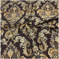 Longan Craft's Chenille Damask Fabric By The Yard features a floral jacquard damask pattern in gold, beige, and brown on dark brown—a luxurious slightly-wrinkled upholstery fabric perfect for elegant home décor projects.